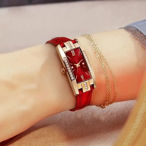 Accessories - Vintage Rectangle Ladies Quartz Watch with Rhinestone, Roman Numeral Dial